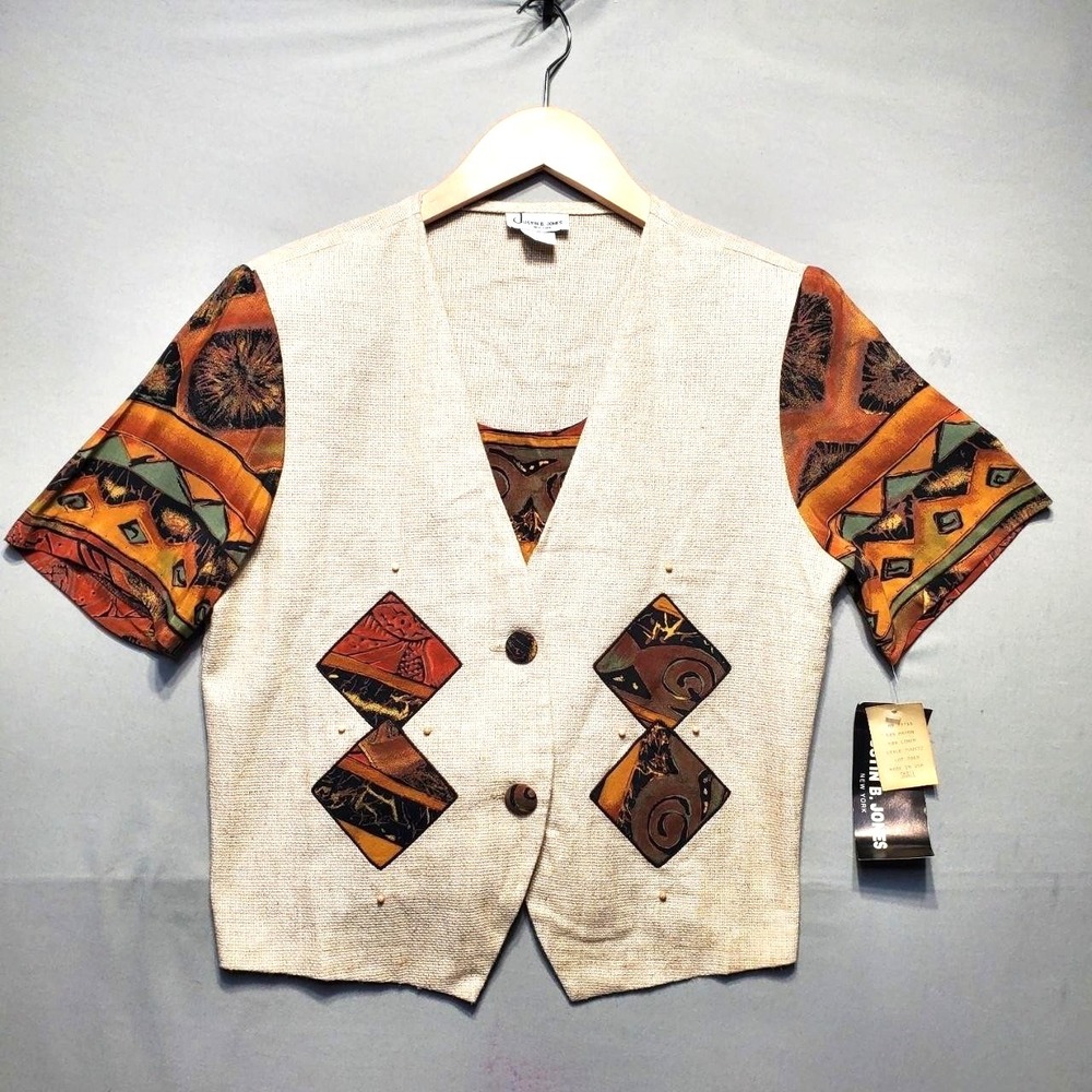 VTG 90s Justin B Jones Linen Rayon Top Womens Small Beige Boho Southwestern USA